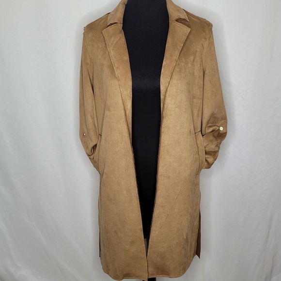 Tahari Cognac Faux Leather Open Front Roll-Tab Sleeve Long Blazer/Jacket - Sz XS - Picture 6 of 15